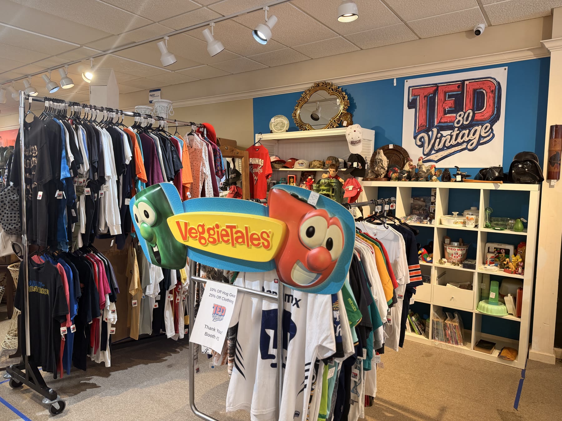 Ted 80 Vintage clothing booth with VeggieTales display